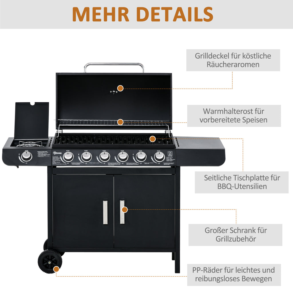 Outsunny Gasgrill mit 7 Brennern, inkl. Thermometer,  BBQ -Grill, mobiler Grill, Schwarz