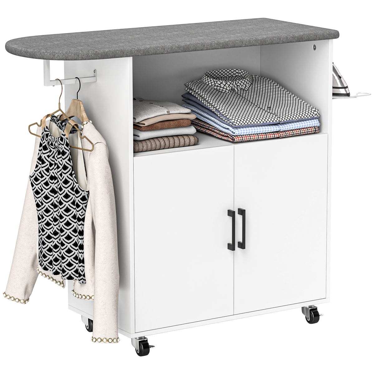 HOMCOM Bügelbrett mit 2 Türen und offenem Fach, 125x43,5x102,5 cm, Weiß