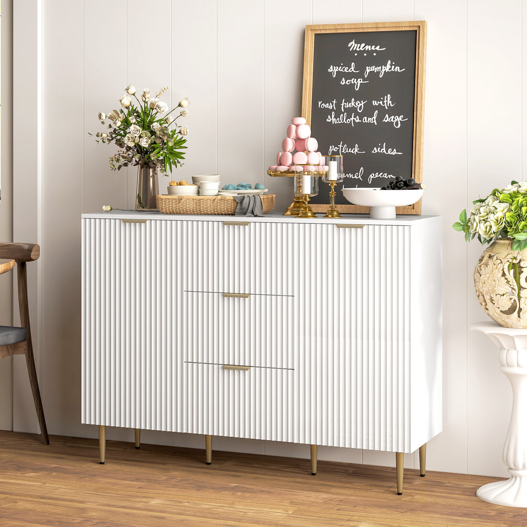 HOMCOM Buffet Küchenmöbel Aufbewahrung mit 3 Schubladen, höhenverstellbaren Regalen, Schranktüren mit Rillen, 120 x 40 x 90 cm, weiß