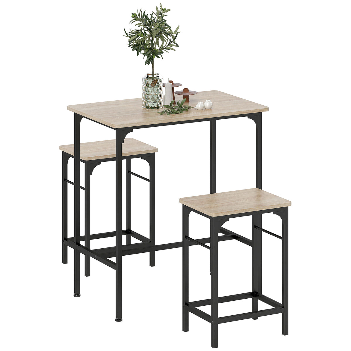 HOMCOM Bartisch Set Bartisch mit Barhocker-Set Esstisch mit 2 Stühlen mit Rutschfestem Fußpolster Naturholz