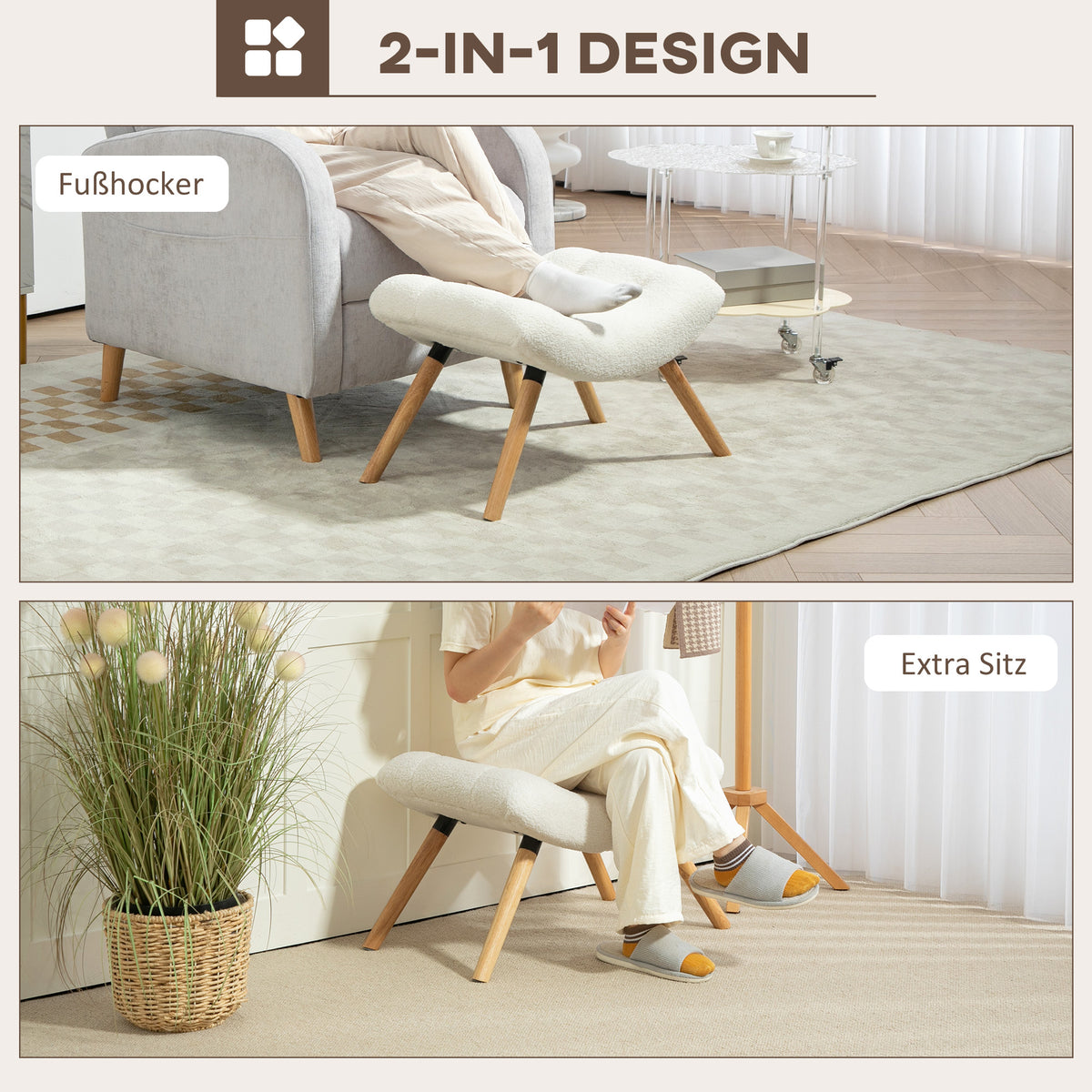 HOMCOM Moderner Fußhocker mit Fleece-Bezug und Holzbeinen, gepolstert, für Wohnzimmer, Schlafzimmer, Flur, Cremeweiß