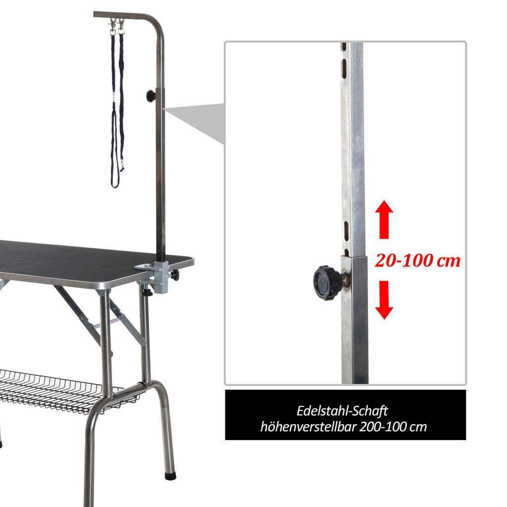 PawHut Trimmtisch Tierpflegetisch Schertisch mit Korb Hundepflegetisch klappbar Hundefriseurtisch Hunde Badetisch höhenverstellbar Edelstahl Schwarz