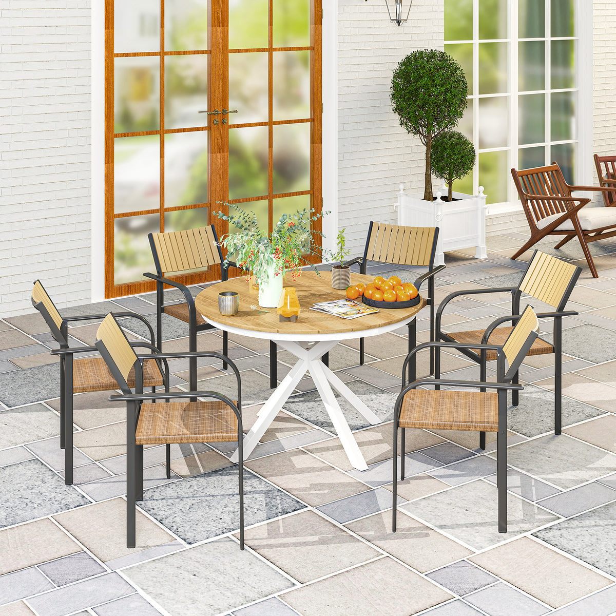 Outsunny Gartentisch Ø118cm, Wetterfest Balkontisch aus Aluminium, Beistelltisch mit Kreuzbeine Lattendesign Teak