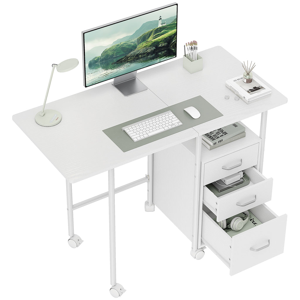 HOMCOM Klappbarer Computertisch mit Rollen, Schreibtisch mit Stauraum, 3 Schubladen, erweiterbare Plattform, 105x51x75,5 cm, Weiß