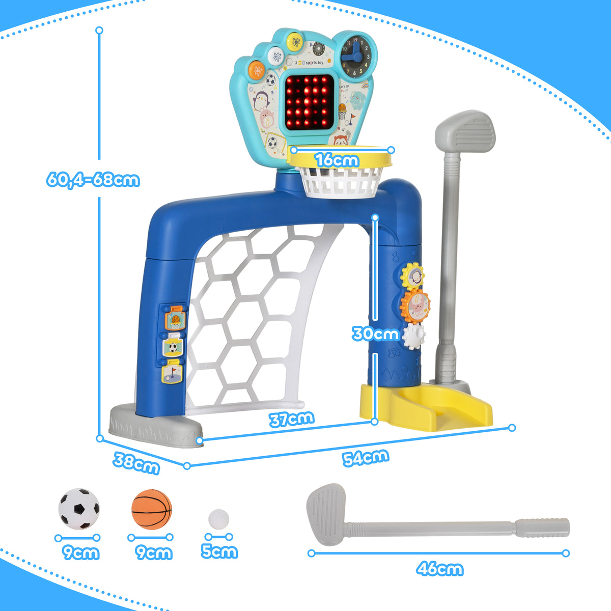 AIYAPLAY Fußballtor für Kinder, 3-in-1 Multi-Activity Center mit verstellbarem Basketballkorb, Scoreboard, Golfset