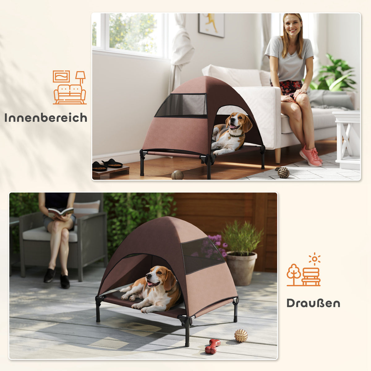 PawHut Hundeliege Outdoor mit Dach, Erhöhtes Hundebett für Mittelgroße Hunde, 76 x 61 x 71cm, Kaffee