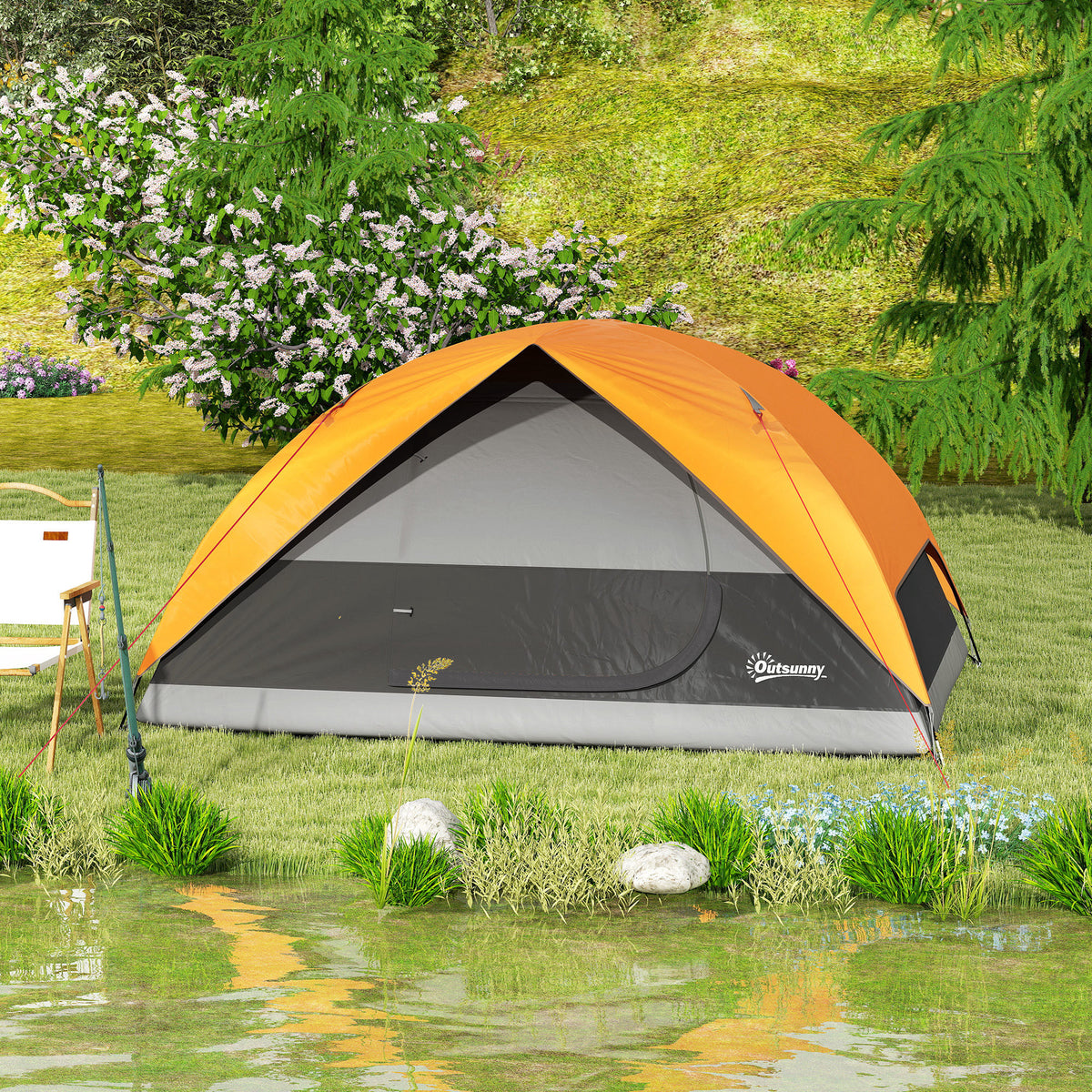 Outsunny Campingzelt für 3 Personen Wasserdicht mit Taschen, Deckenhaken für Laterne und Transporttasche, Orange