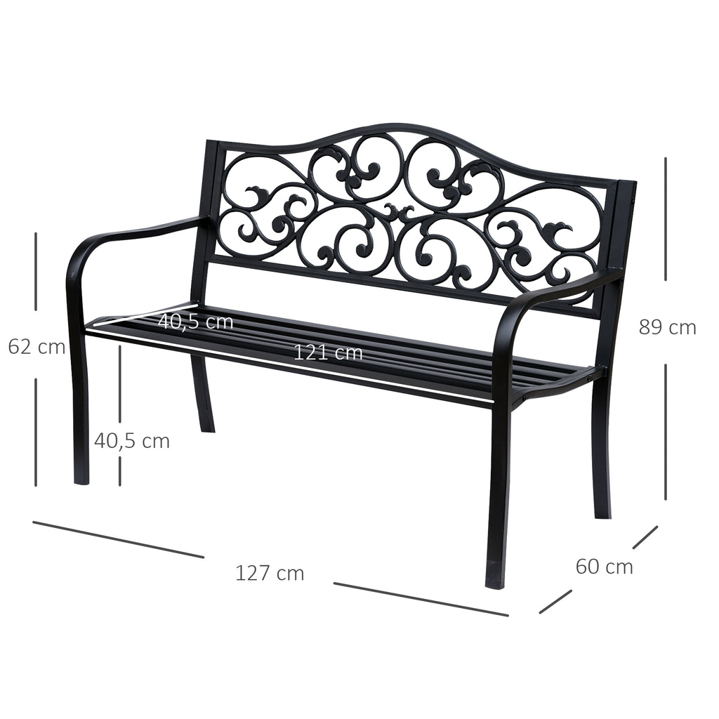 Outsunny 2-Sitzer Gartenbank Parkbank mit ausziehbarem Tisch Sitzbank Bank 240kg belastbar Terrassenbank mit Rücken- & Armlehnen Gartenmöbel für Terrasse, Garten Außenbereich 150x58,5x90 cm Schwarz