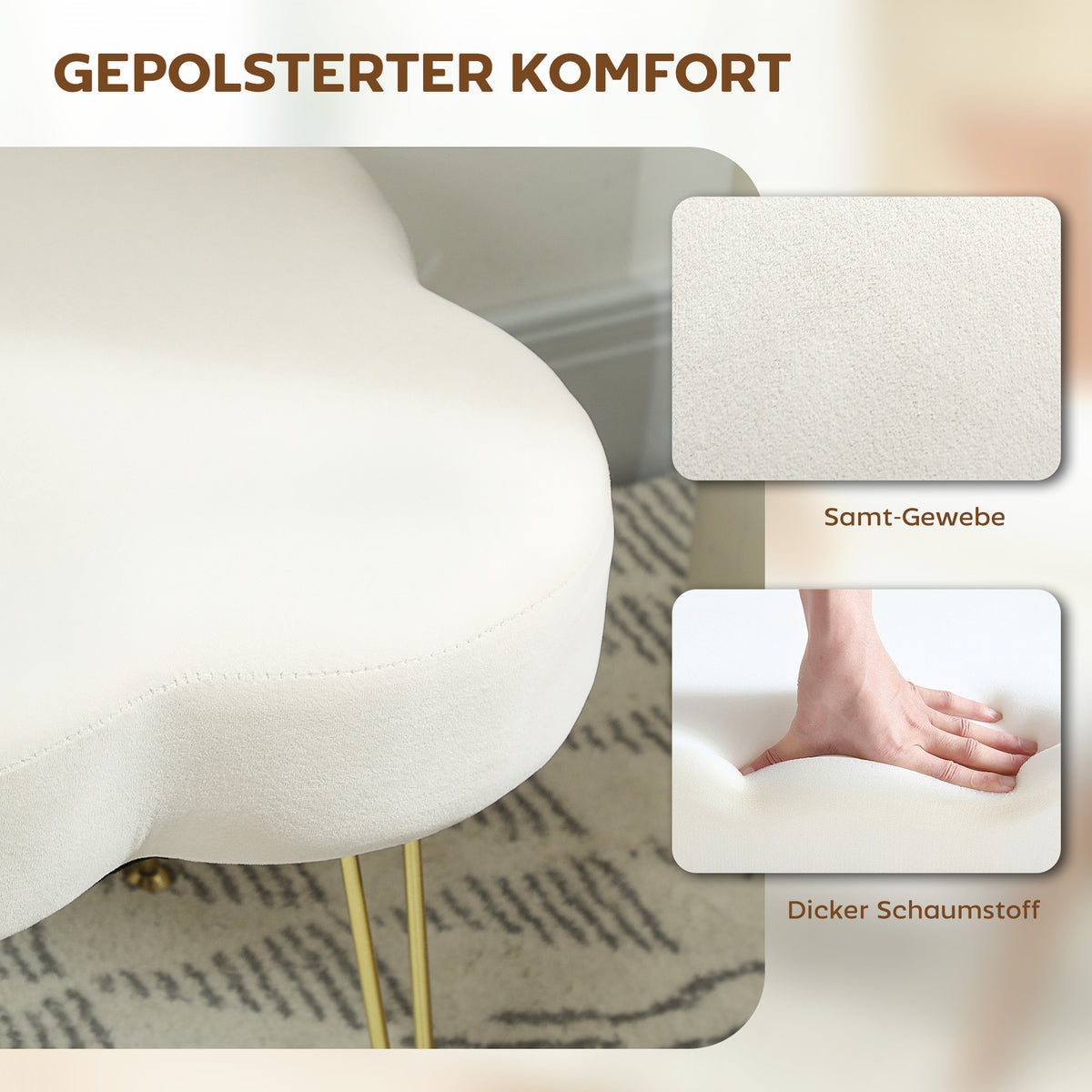 HOMCOM Sitzhocker, Polsterhocker in Kleeblattform, Stoffbezug, Stahlbeine, Cremeweiß