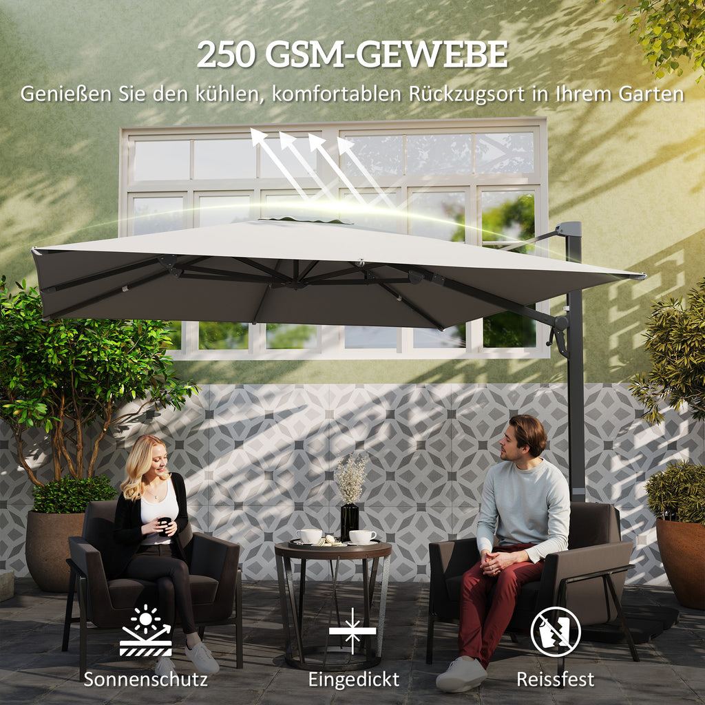 Outsunny Alu Ampelschirm 3 x 3 m 360° drehbar Sonnenschirm mit Kurbel Ständer Windschutz Hellgrau