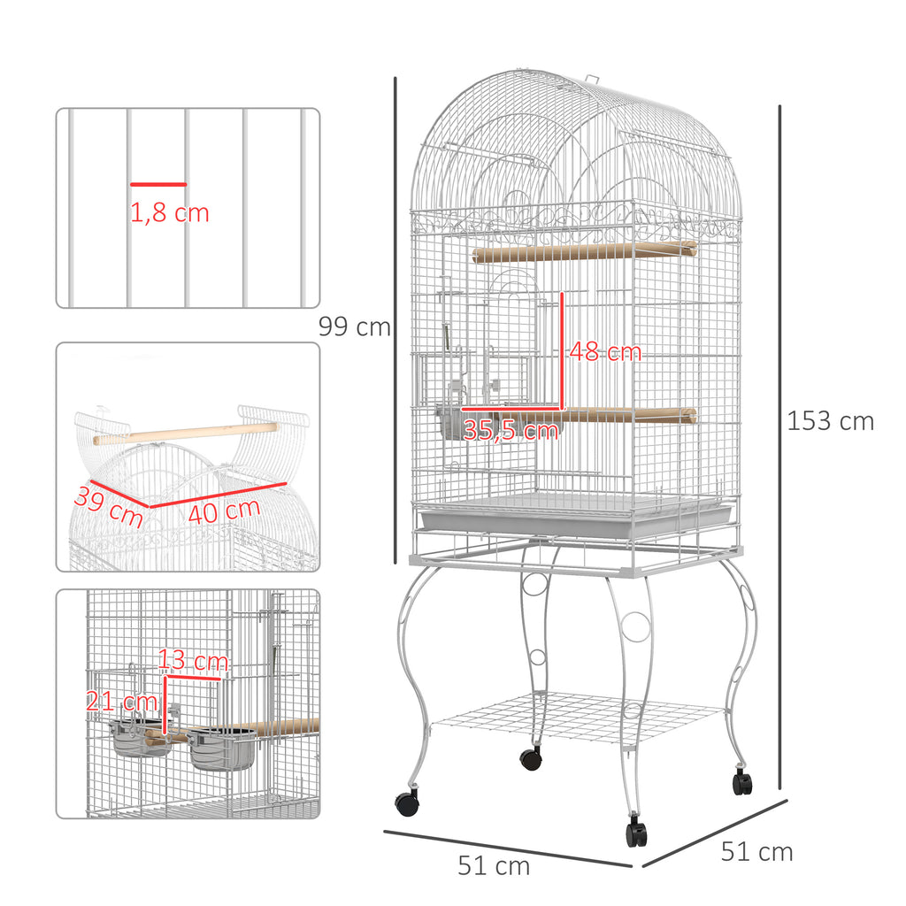 PawHut Vogelkäfig auf Rollen mit Regal herausnehmbarem Tablett 2 Näpfen Sitzstange Edelstahl 51 x 51 x 153 cm weiß