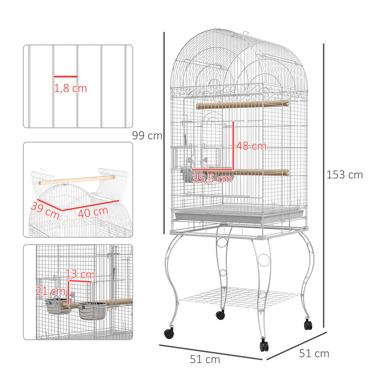PawHut Vogelkäfig auf Rollen mit Regal herausnehmbarem Tablett 2 Näpfen Sitzstange Edelstahl 51 x 51 x 153 cm weiß