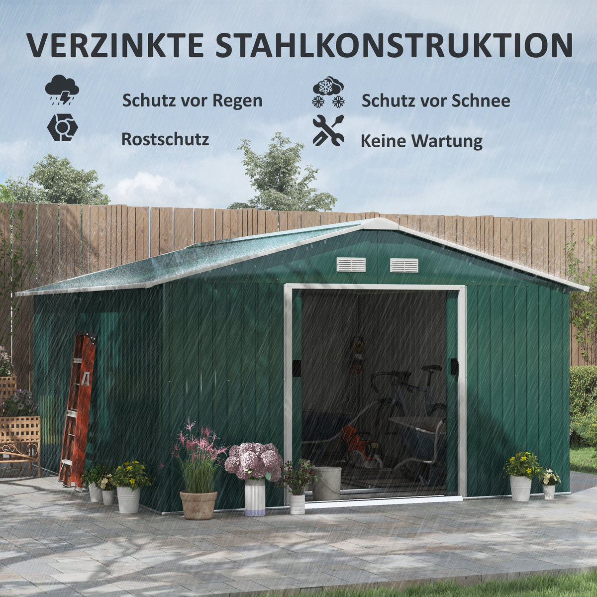 Outsunny Geräteschuppen, Wetterfestes Gartenhaus für Gartengeräte, mit Belüftungsfenstern, Schiebetüren, Stahl, Dunkelgrün