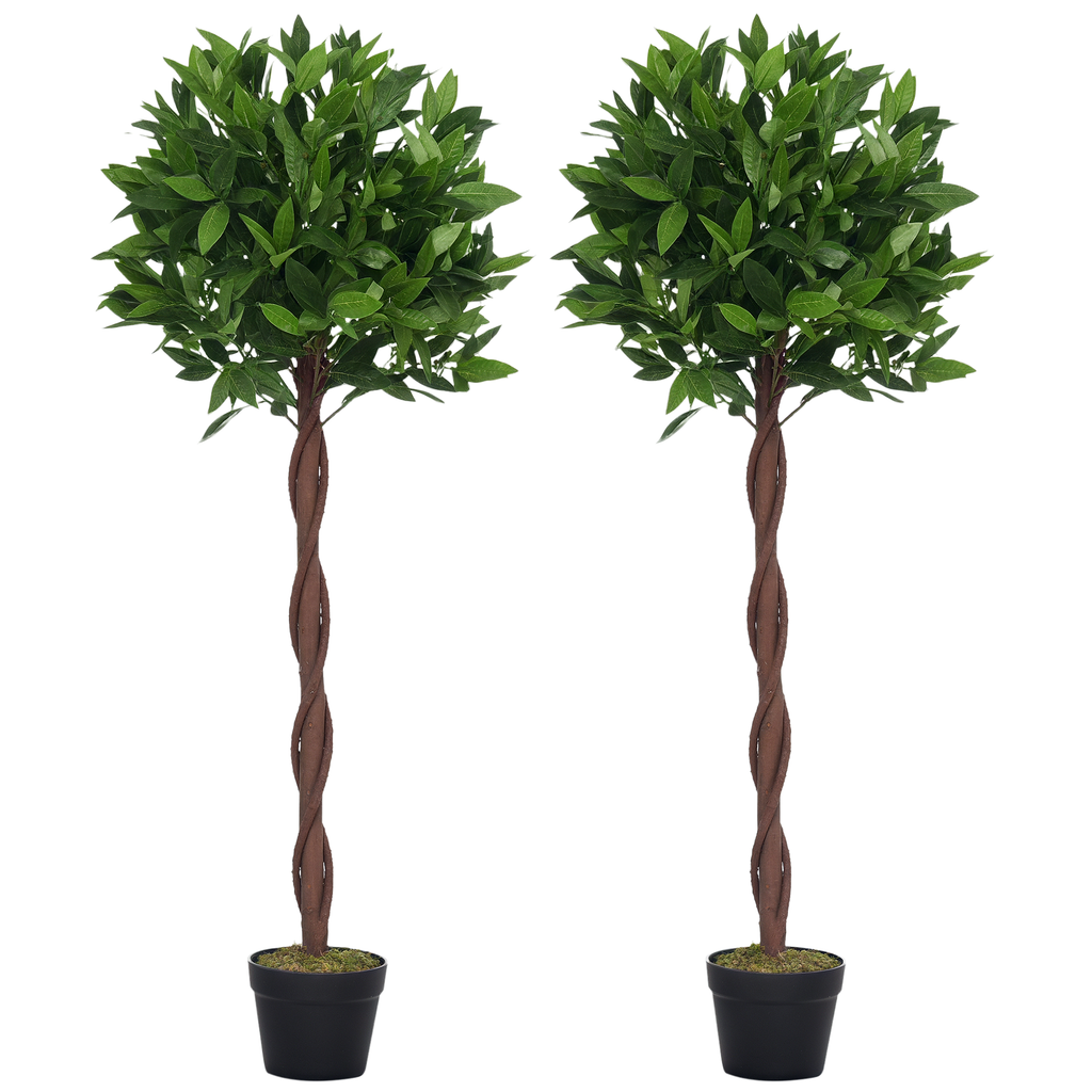 Outsunny 2er-Set Künstlicher Lorbeerbaum, 120 cm, Kunstpflanzen im Zementtopf, Kunststoff-Pflanzen für drinnen und draußen, Grün