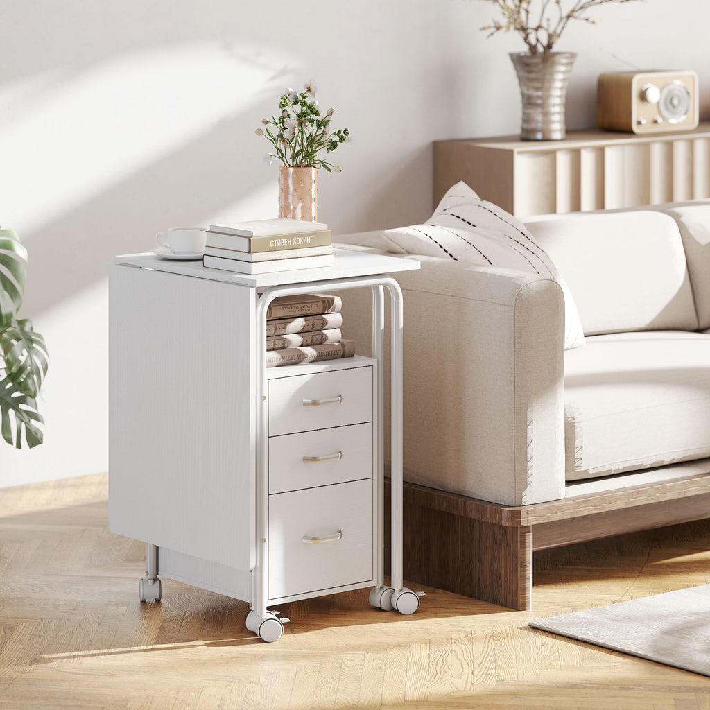 HOMCOM Klappbarer Computertisch mit Rollen, Schreibtisch mit Stauraum, 3 Schubladen, erweiterbare Plattform, 105x51x75,5 cm, Weiß