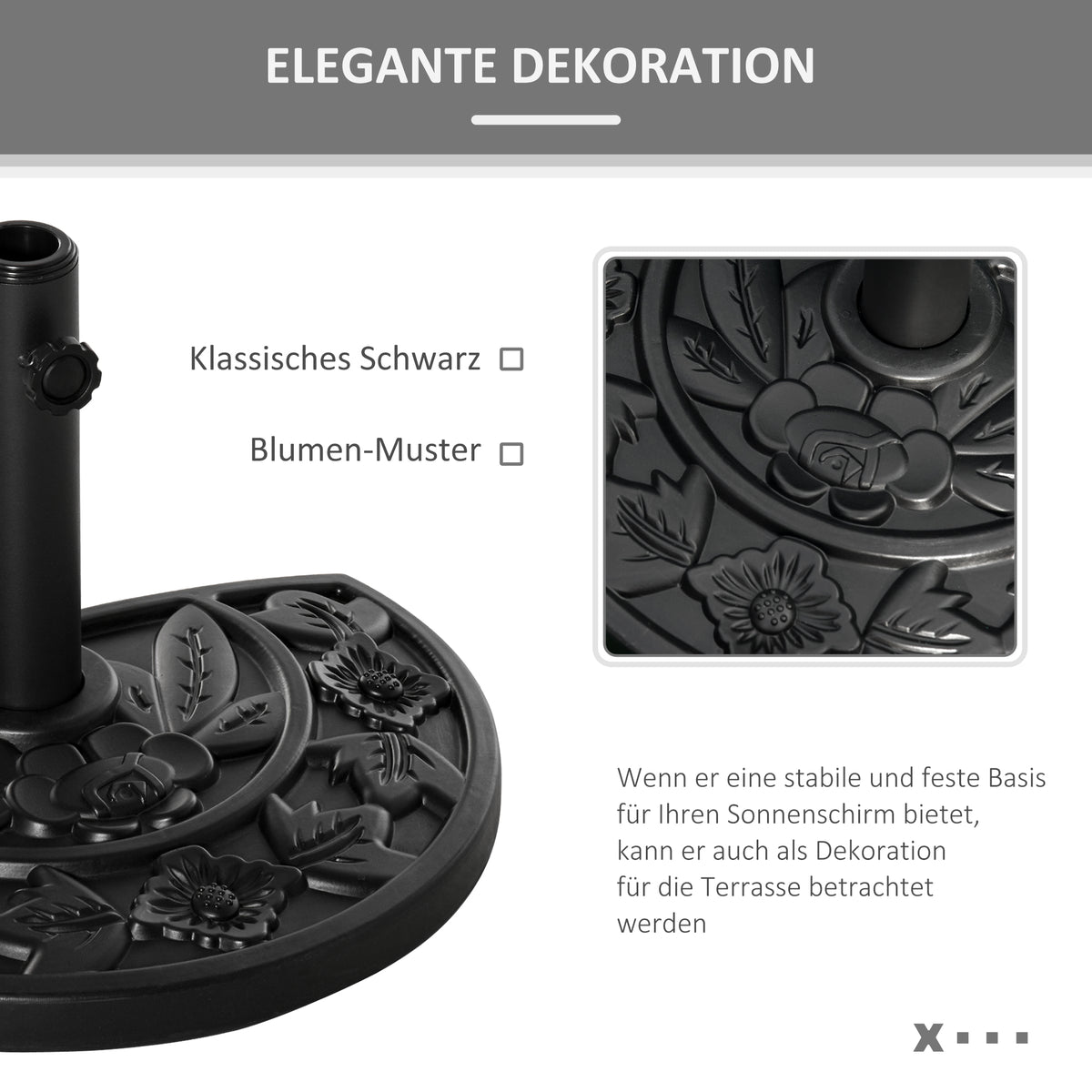 Outsunny Sonnenschirmständer, halbrund, 9 kg, Blumendesign, HDPE/Zement, für Schirmmasten Ø35/38/48 mm