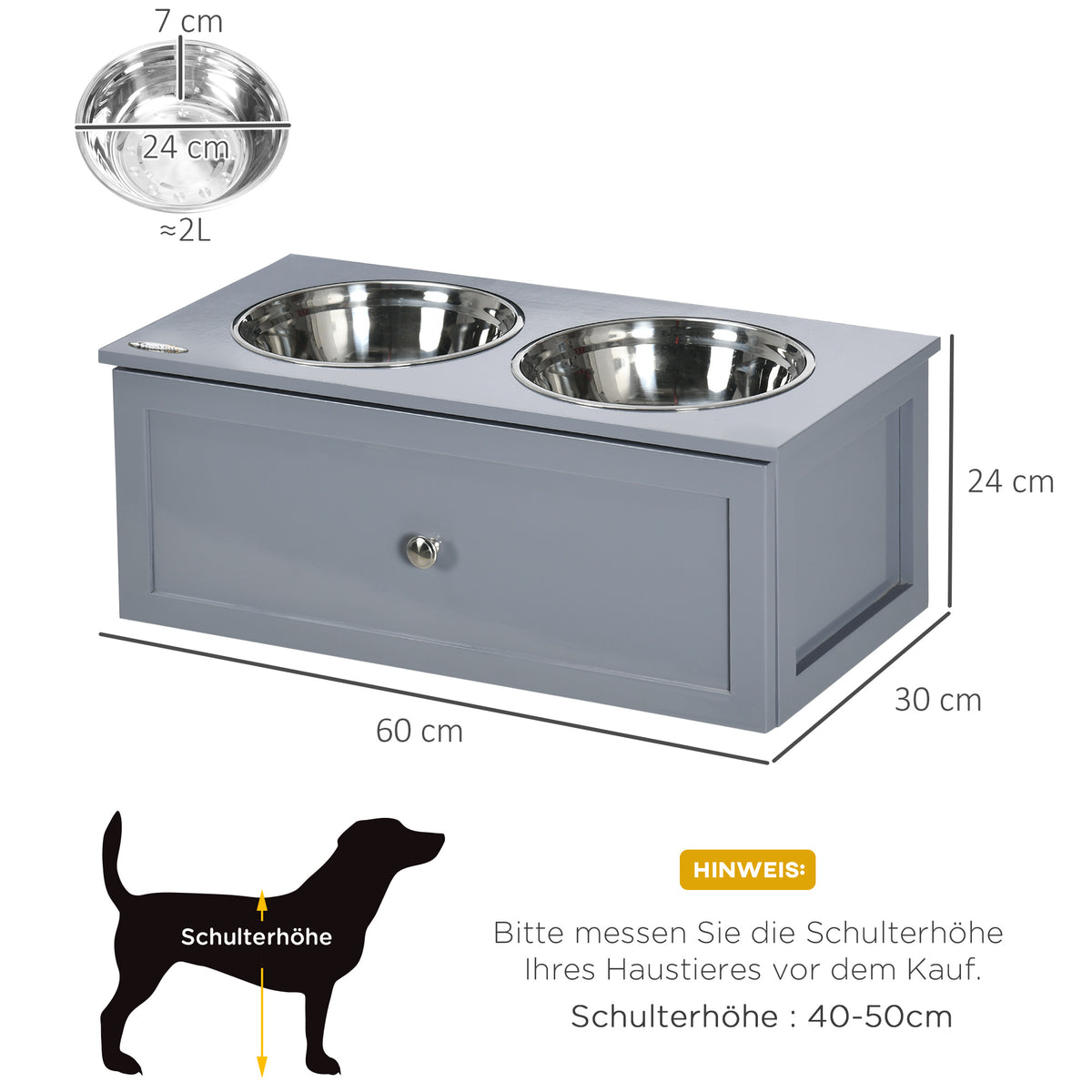 PawHut Futterstation, 2 Fressnäpfe je 2 Liter, Edelstahl, mit Schublade, für mittlere Hunde, grau, 60 x 30 x 24cm