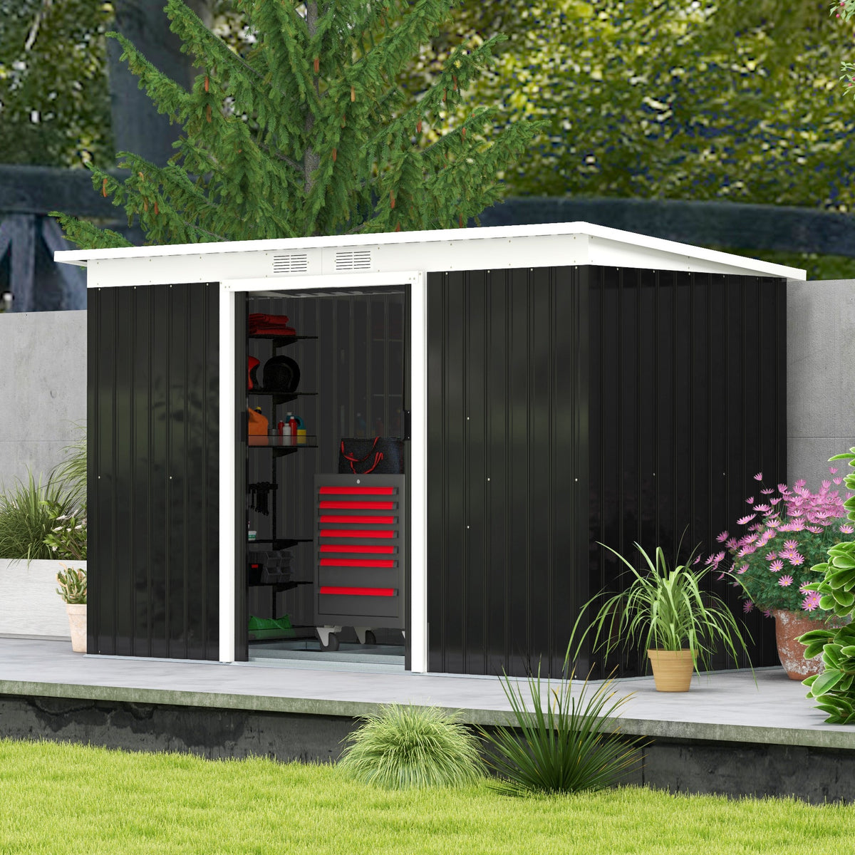 Outsunny Gerätehaus, Gartenhaus, Geräteschuppen mit Schiebetür, Lüftungsfenster, Pultdach, Outdoor, Stahl, Dunkelgrau, 280 x 130 x 172 cm