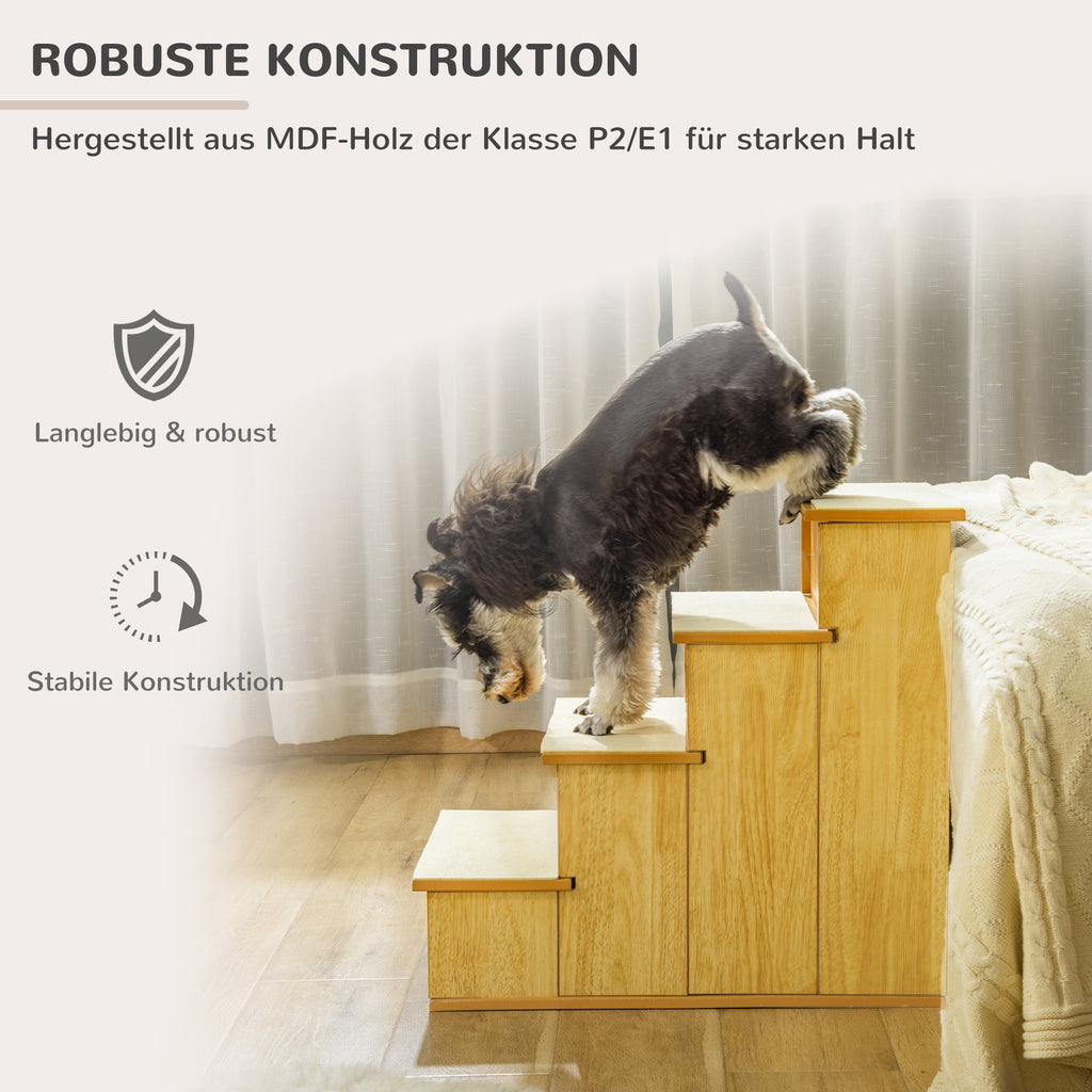 PawHut Haustiertreppe, für Hunde/Katzen, 4-stufig, Kurzplüsch, bis 30 kg, 40 x 59 x 54,2 cm, Natur