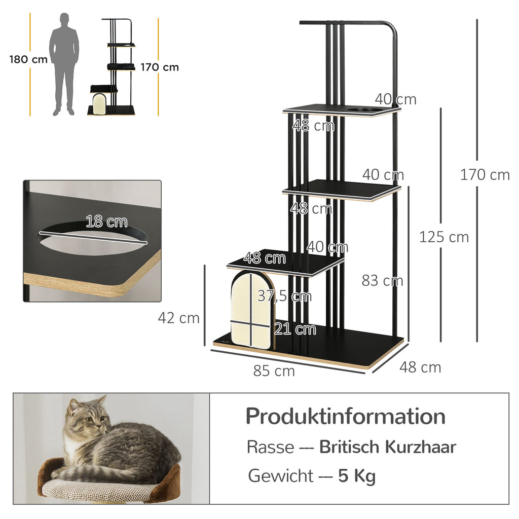 PawHut Kratzbaum, Industrial Design, 3 Plattformen, 2 Liegekissen, Kratzwand, Stahlrahmen, schwarz, 85 x 48 x 170 cm