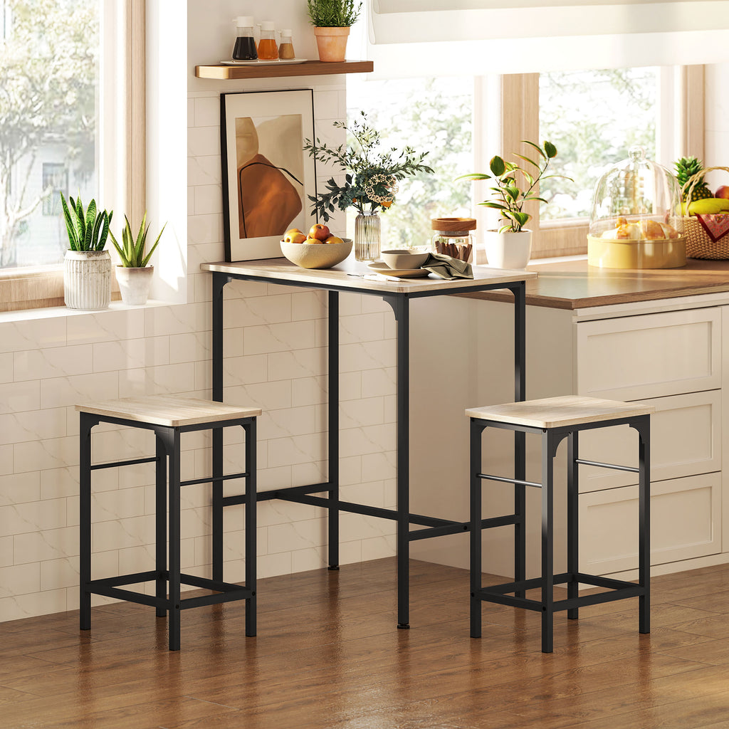 HOMCOM Bartisch Set Bartisch mit Barhocker-Set Esstisch mit 2 Stühlen mit Rutschfestem Fußpolster Naturholz
