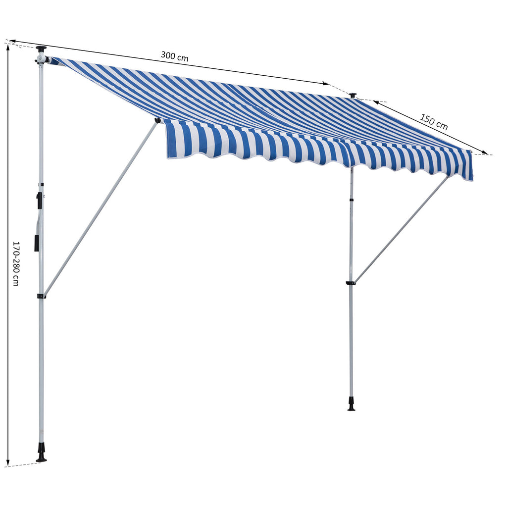Outsunny Klemmmarkise mit Handkurbel höhenverstellbar Gelenkarmmarkise schmutzabweisend, witterungsbeständig Balkonmarkise 150cm breit Terrassenmarkise für Terrasse Balkon Veranda Blau+Weiß