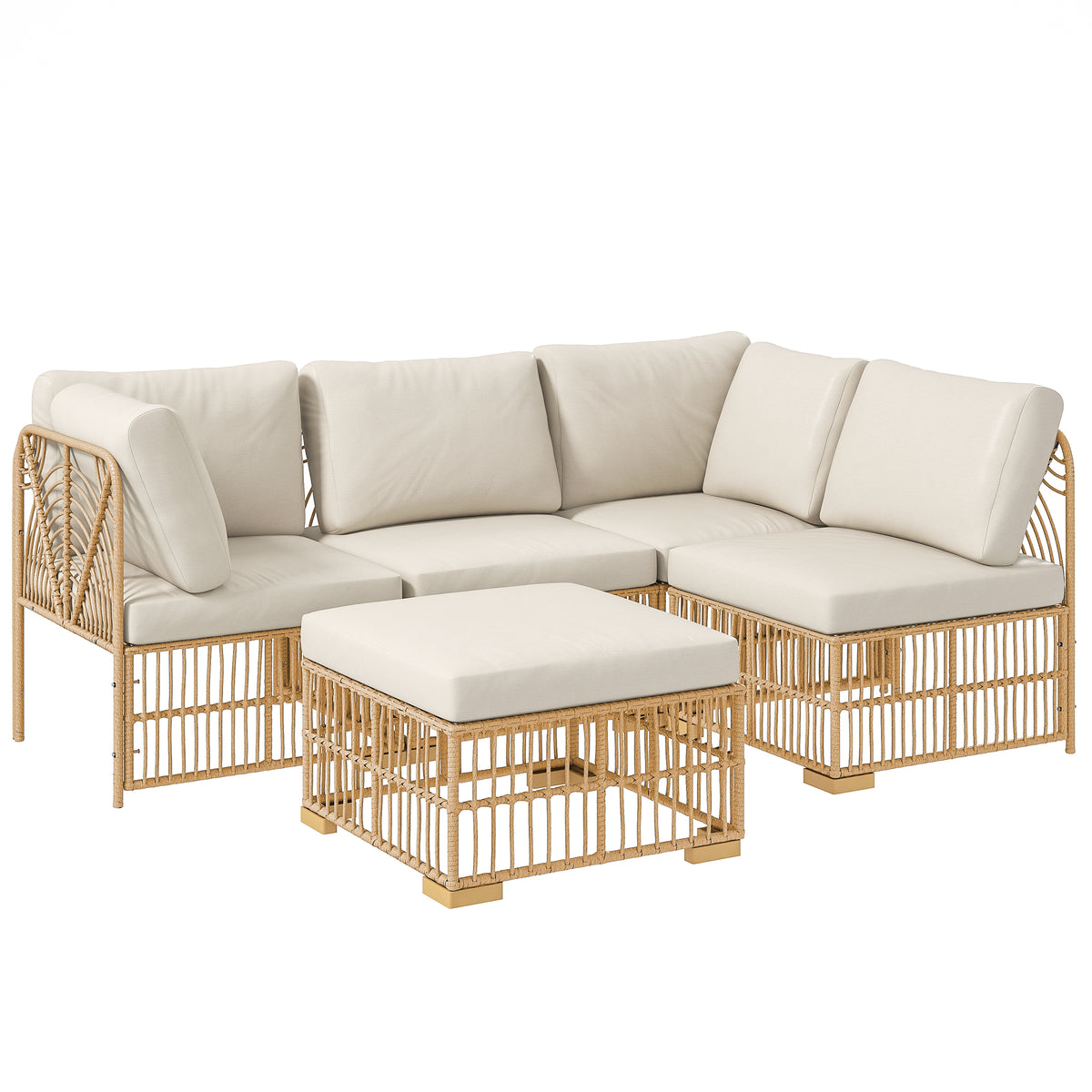 Outsunny 5-teiliges Gartenmöbelset, 2 Eckstühle, 2 Mittelstühle, Fußhocker, Sitzkissen, Rückenkissen, Hellbraun+Cremeweiß