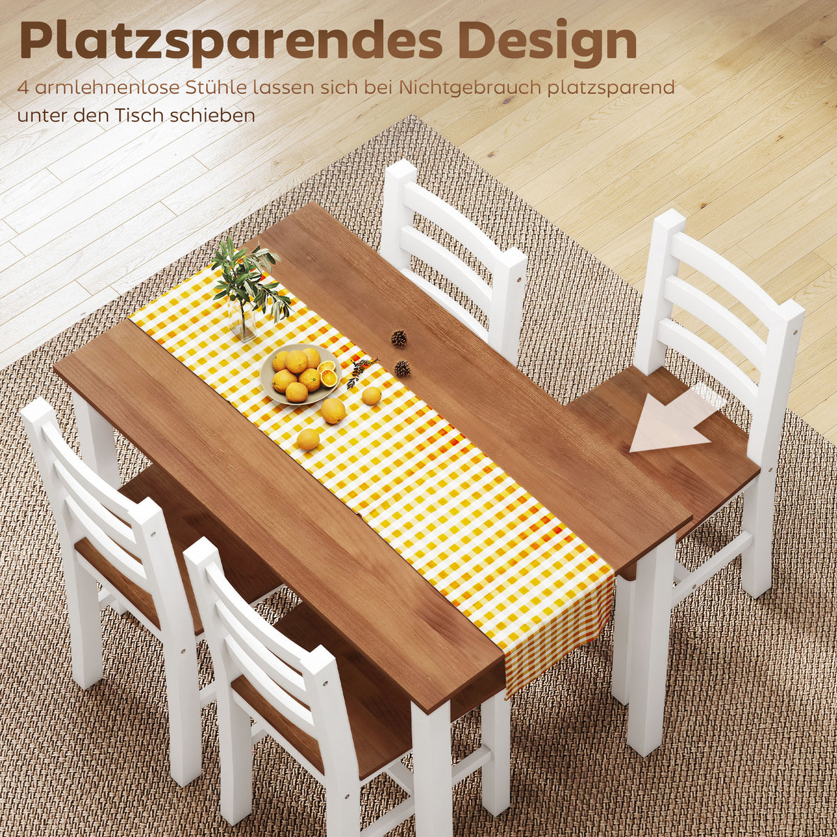 HOMCOM Essgruppenset, Esstisch, 4 Stühle, Esszimmerset, Kiefernholz, Braun+Weiß