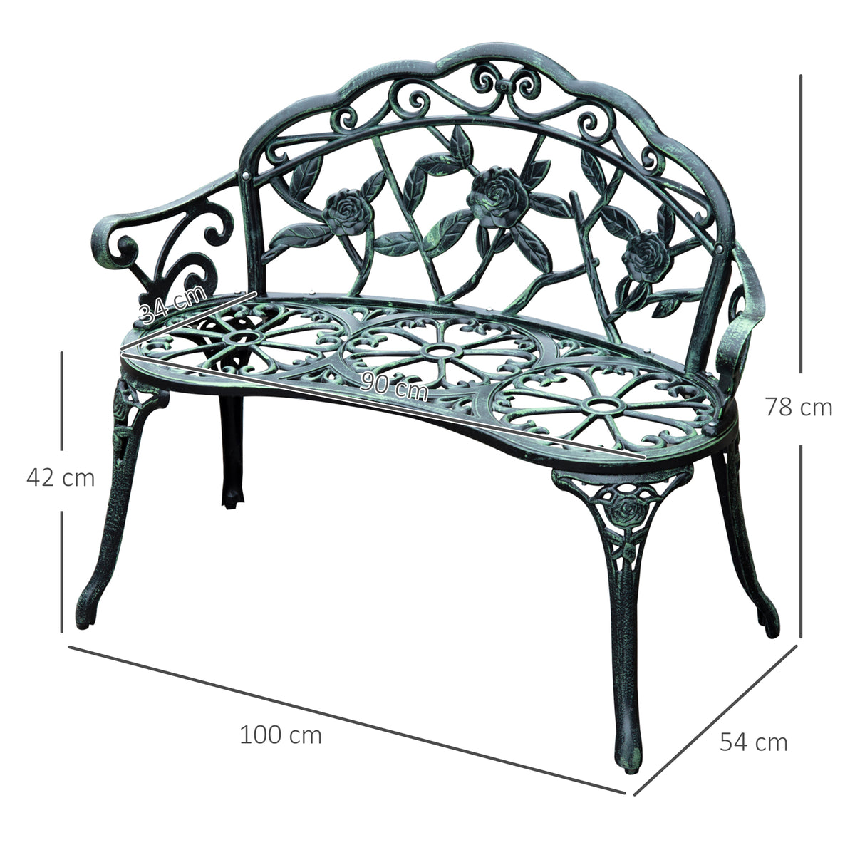 Outsunny 2-Sitzer Gartenbank robust Parkbank Sitzbank mit Rückenlehne Bank 240kg belastbar Gartenmöbel 100 x 54 x 78 cm Antik Grün