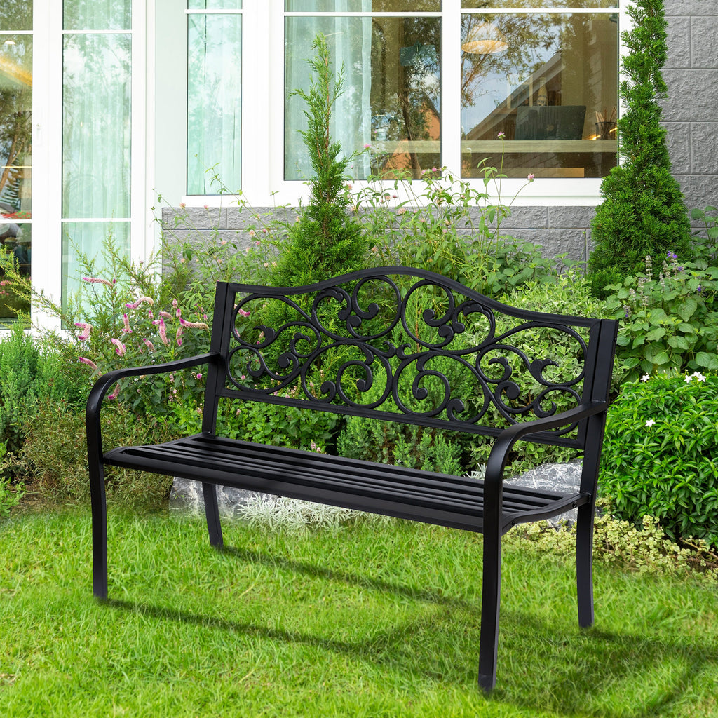 Outsunny 2-Sitzer Gartenbank Parkbank mit ausziehbarem Tisch Sitzbank Bank 240kg belastbar Terrassenbank mit Rücken- & Armlehnen Gartenmöbel für Terrasse, Garten Außenbereich 150x58,5x90 cm Schwarz