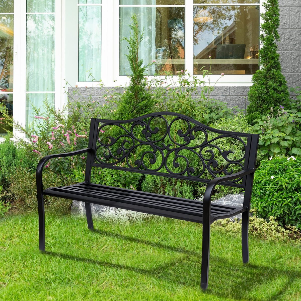 Outsunny 2-Sitzer Gartenbank Parkbank mit ausziehbarem Tisch Sitzbank Bank 240kg belastbar Terrassenbank mit Rücken- & Armlehnen Gartenmöbel für Terrasse, Garten Außenbereich 150x58,5x90 cm Schwarz