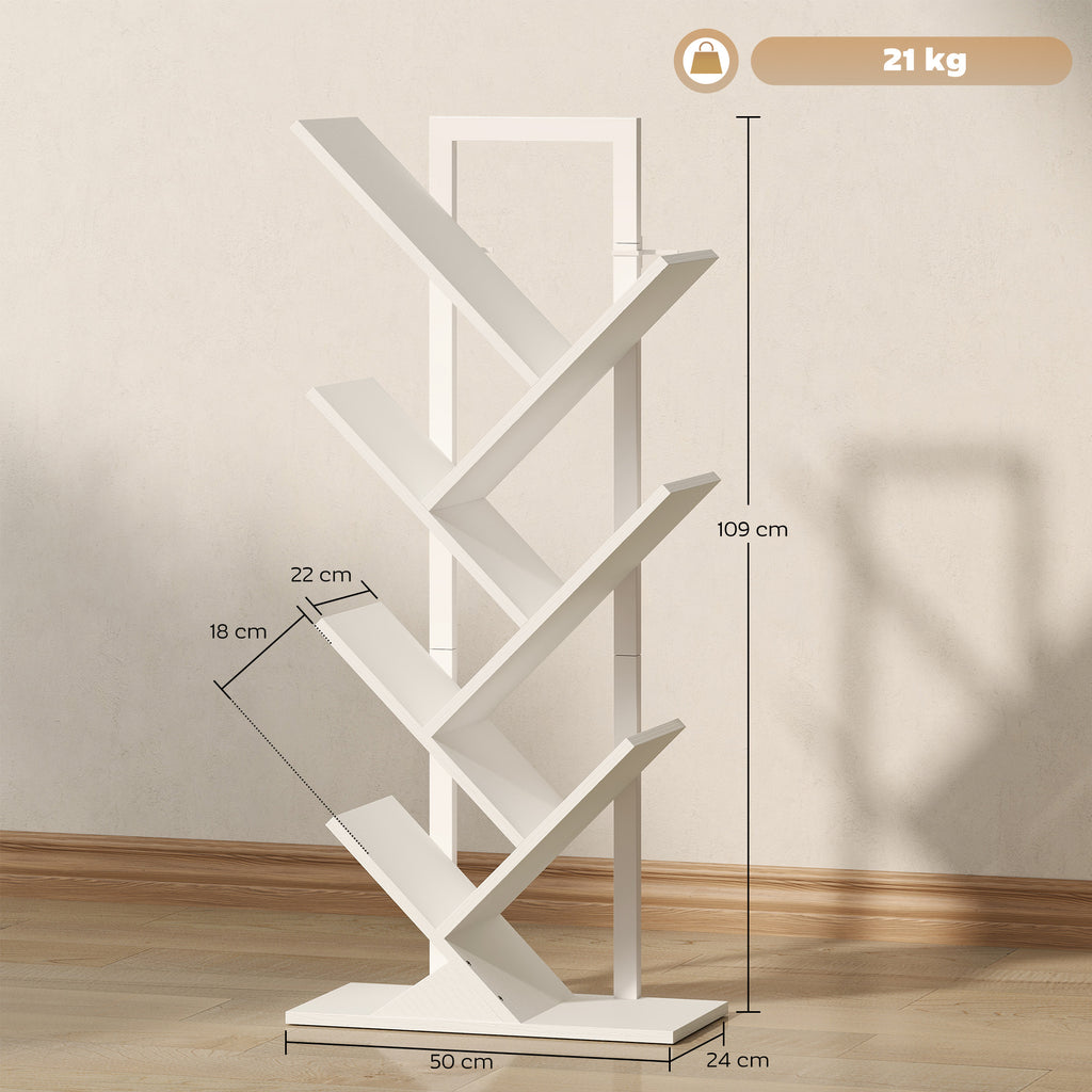 HOMCOM Baumförmiges Bücherregal mit 7 Regalen und kippsicherem System für Wohnzimmer Schlafzimmer 50x24x109 cm Weiß