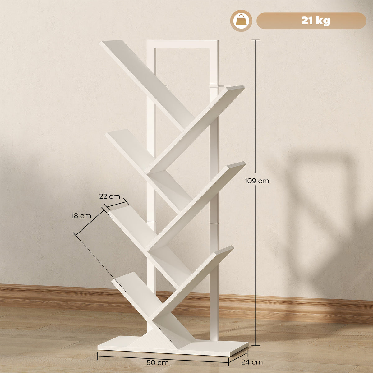 HOMCOM Baumförmiges Bücherregal mit 7 Regalen und kippsicherem System für Wohnzimmer Schlafzimmer 50x24x109 cm Weiß