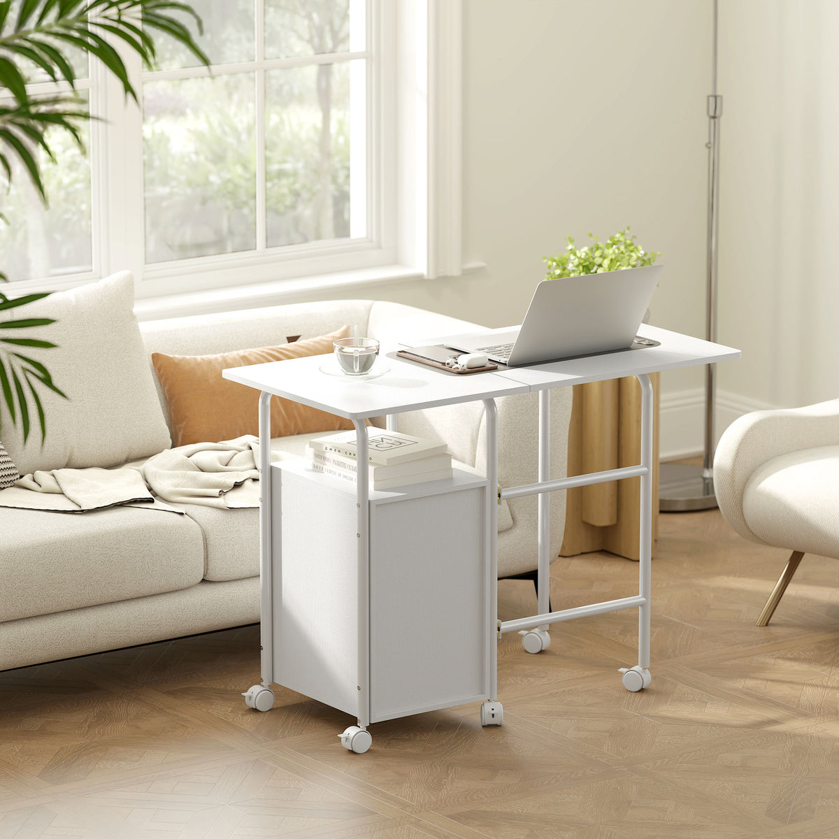 HOMCOM Klappbarer Computertisch mit Rollen, Schreibtisch mit Stauraum, 3 Schubladen, erweiterbare Plattform, 105x51x75,5 cm, Weiß