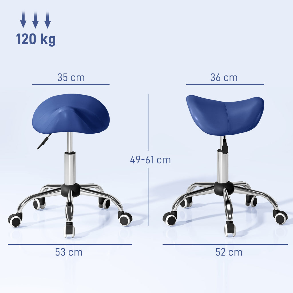 HOMCOM Rollhocker, Arbeitsstuhl mit höhenverstellbarer 49-61 cm und ergonomischem Sattel, 52x53x49-61cm, blau