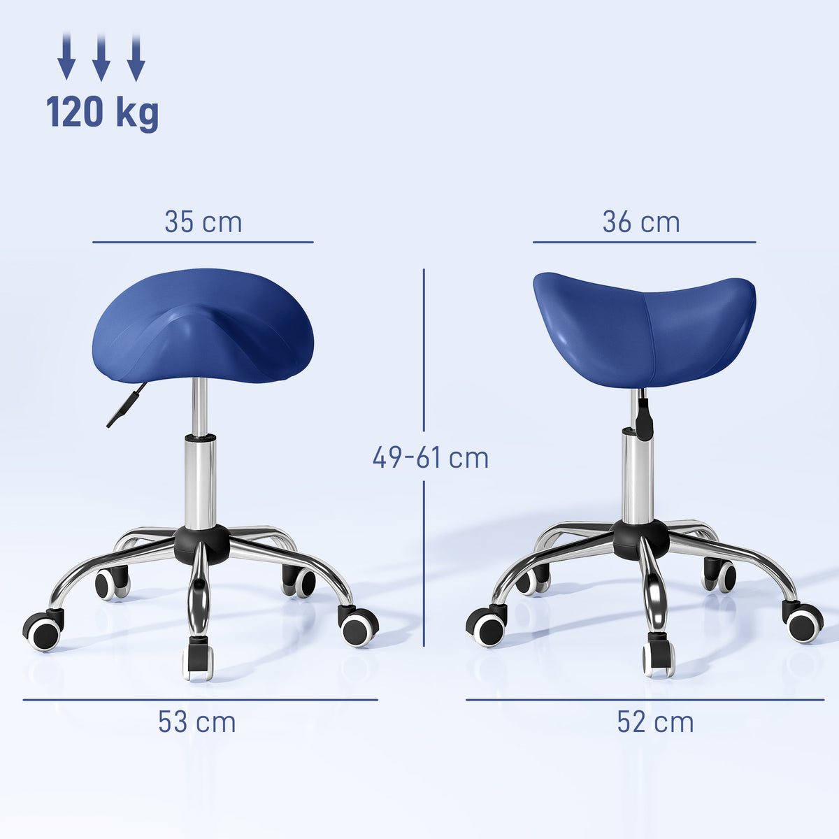 HOMCOM Rollhocker, Arbeitsstuhl mit höhenverstellbarer 49-61 cm und ergonomischem Sattel, 52x53x49-61cm, blau