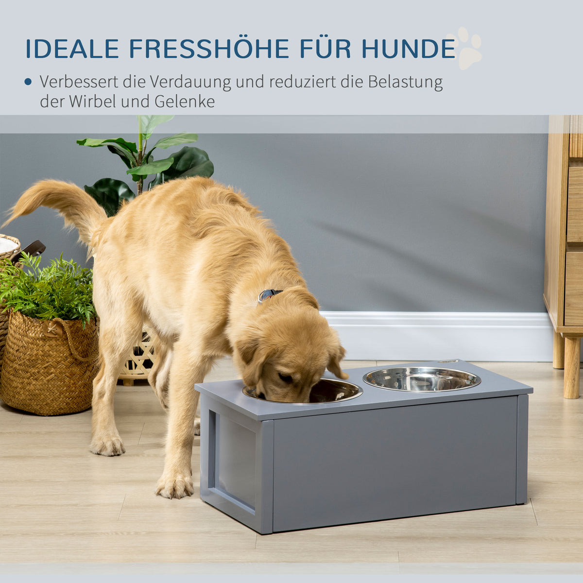 PawHut Futterstation, 2 Fressnäpfe je 2 Liter, Edelstahl, mit Schublade, für mittlere Hunde, grau, 60 x 30 x 24cm