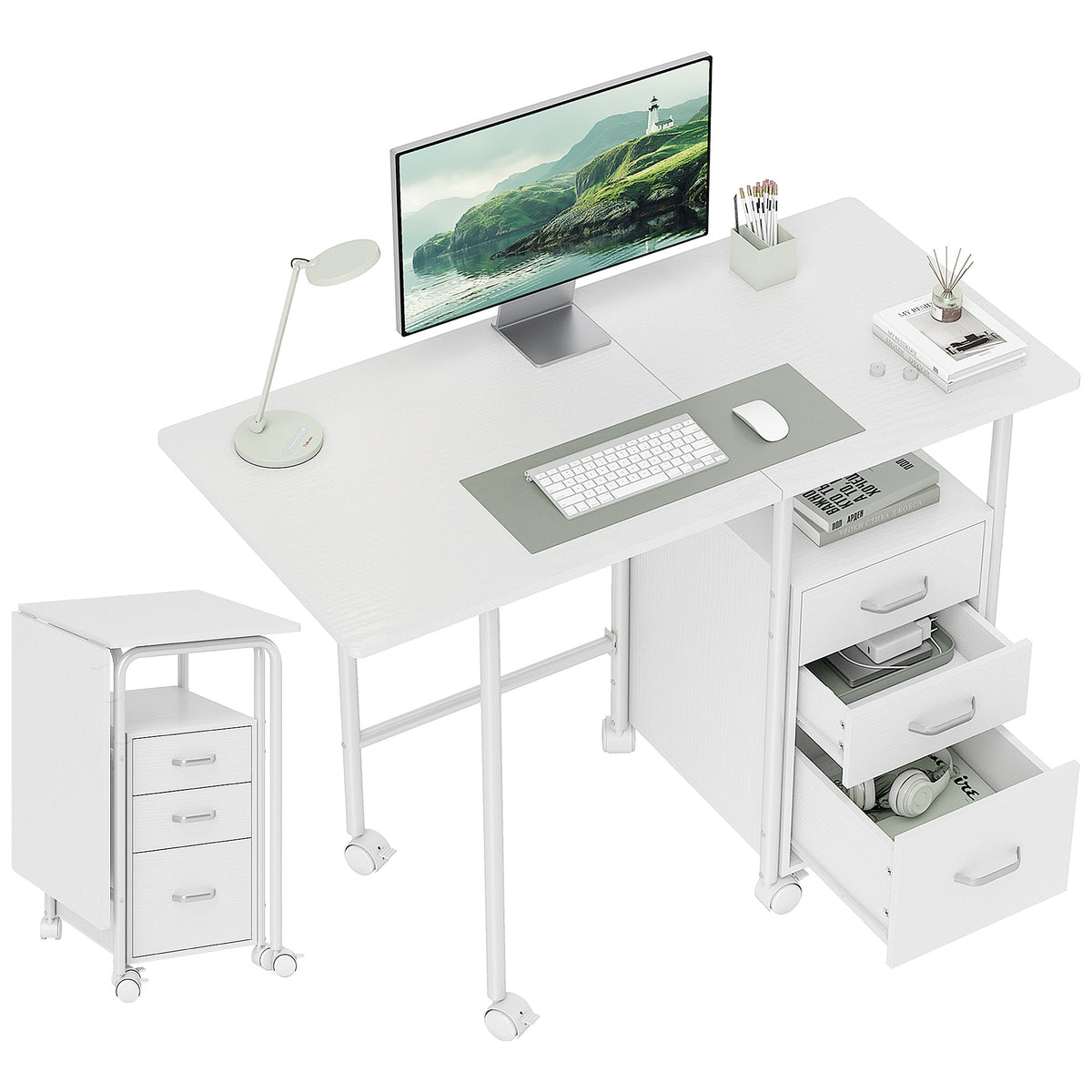 HOMCOM Klappbarer Computertisch mit Rollen, Schreibtisch mit Stauraum, 3 Schubladen, erweiterbare Plattform, 105x51x75,5 cm, Weiß