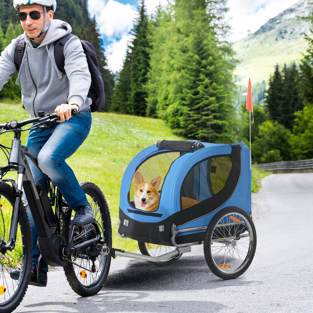 PawHut Fahrradanhänger bis 20kg Universalkupplung Sicherheitsanker Reflektor Stahl Blau+Schwarz