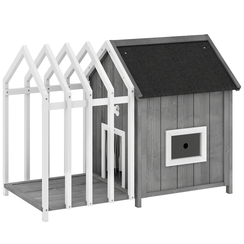 PawHut Hundehütte für den Außenbereich aus Holz, Hundehaus mit Terrasse, Lamellentür, 106 x 62,5 x 80,5 cm, Grau