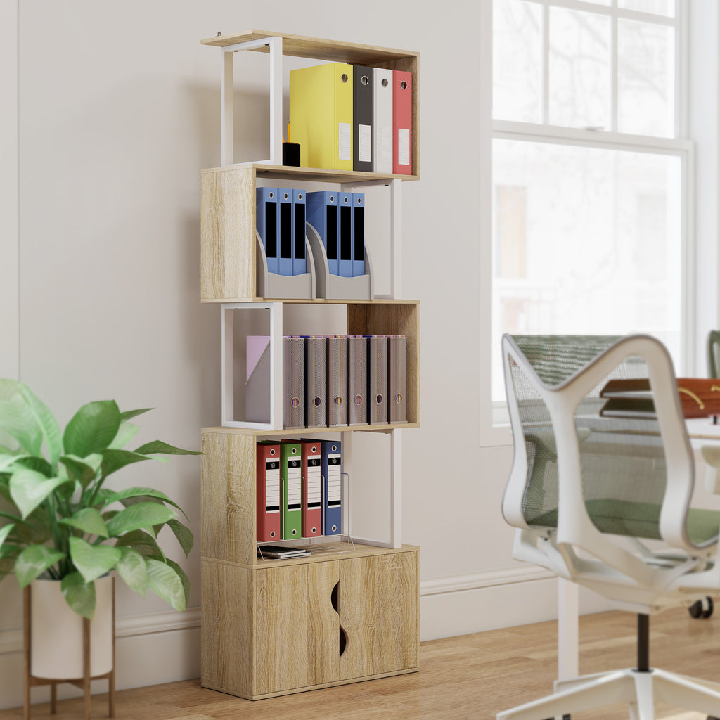 HOMCOM Bücherregal mit 5 Ebenen, Aufbewahrungsregal mit Regalen und doppelter Schranktür, 60 x 23,8 x 179,2 cm, Naturholz