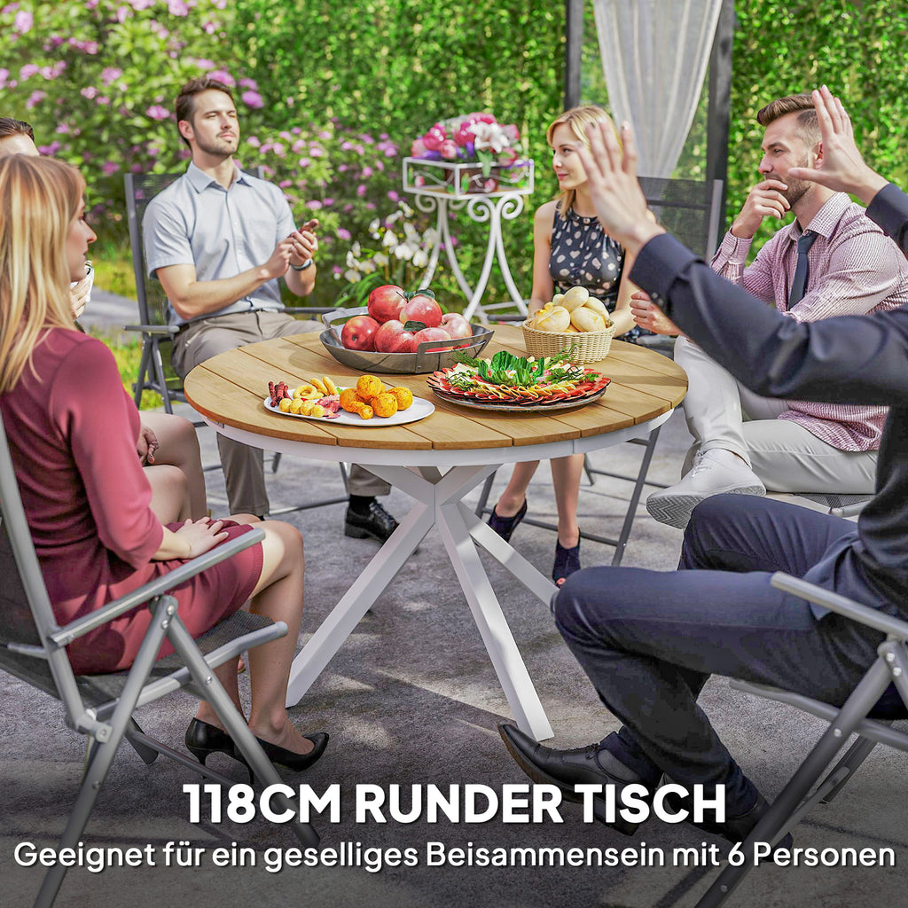 Outsunny Gartentisch Ø118cm, Wetterfest Balkontisch aus Aluminium, Beistelltisch mit Kreuzbeine Lattendesign Teak