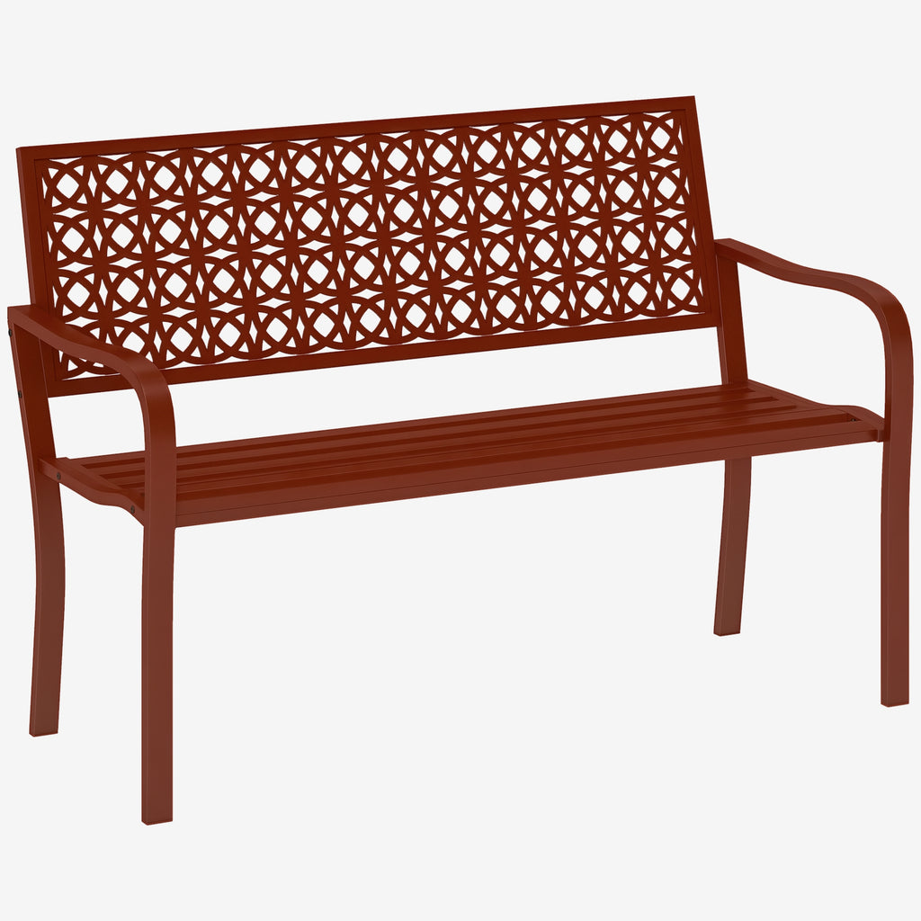 Outsunny Außenbank, Gartenbank aus Stahl, Ausgeschnittene Rückenlehne, Armlehnen, für 2 Personen, Rot