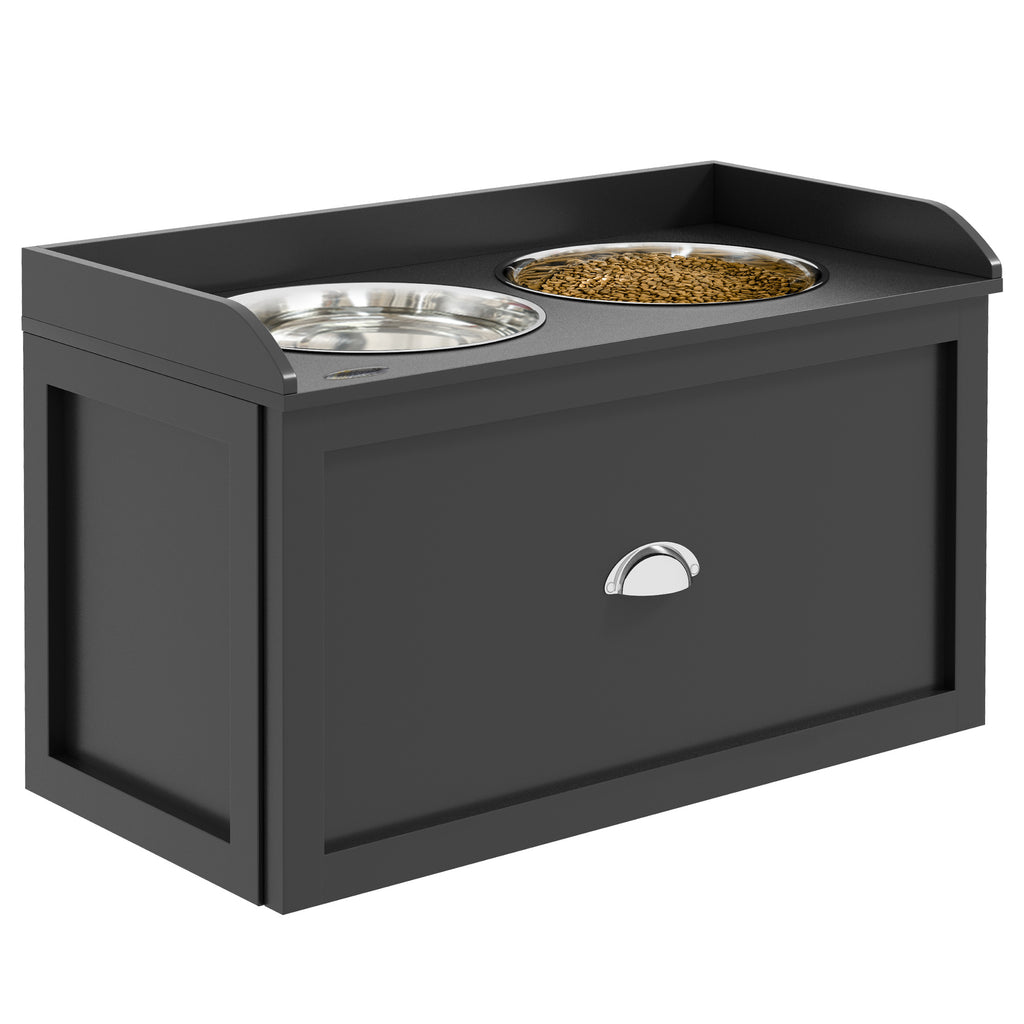 PawHut Erhöhte Hundeschalen aus Edelstahl und Holz mit Schublade, 60x30x36cm, Schwarz
