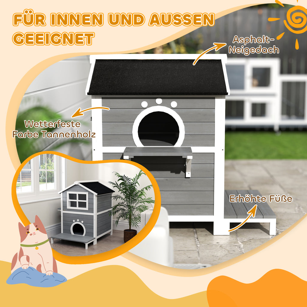 PawHut Outdoor-Katzenhaus mit wetterfestem Dach, Fenster, Balkon, herausnehmbarem Boden, 2 Ebenen, für 1-2 Katzen, Grau