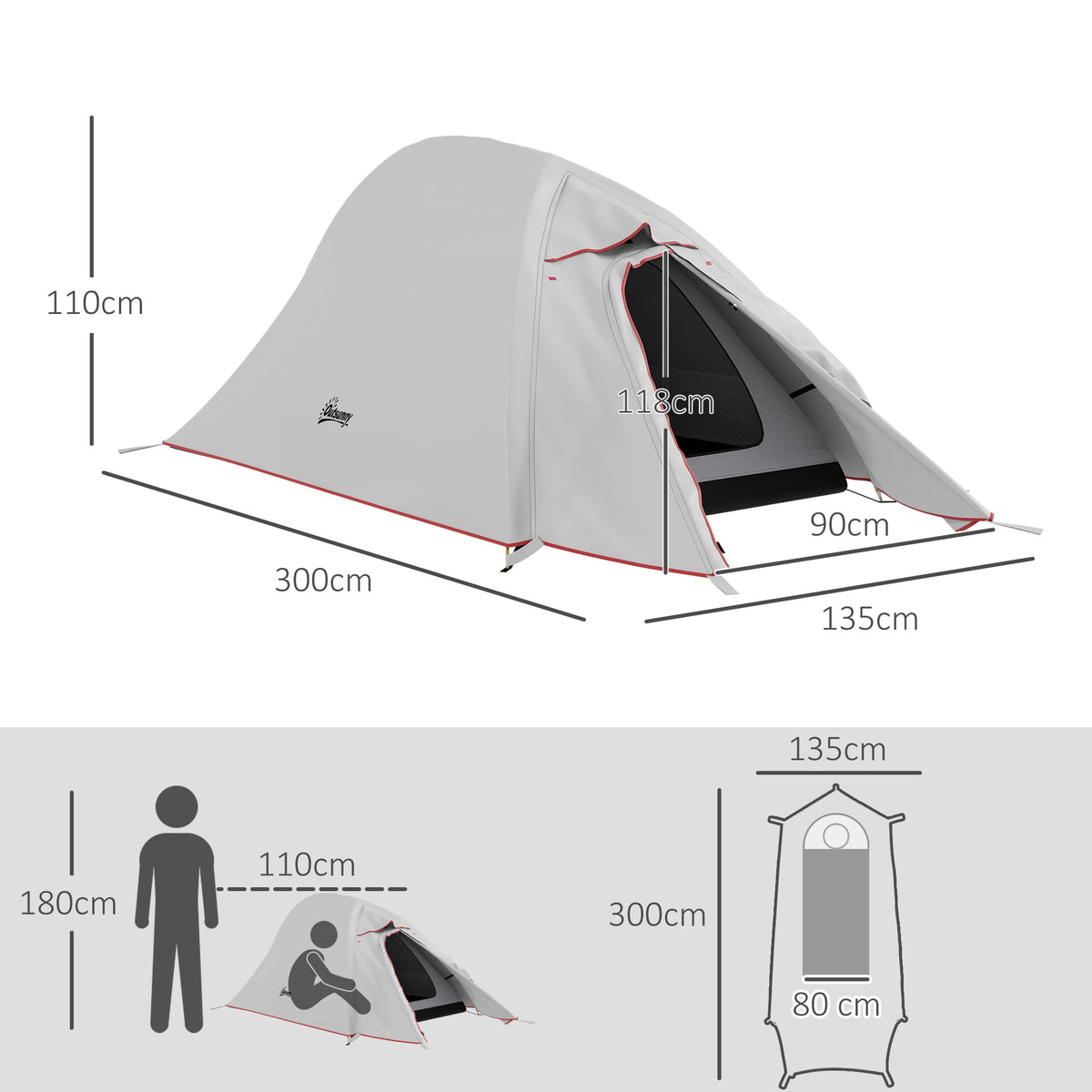 Outsunny Zelt Camping mit Doppeldach 2000mm und Transporttasche Abmessungen 300L x 135B x 110H cm