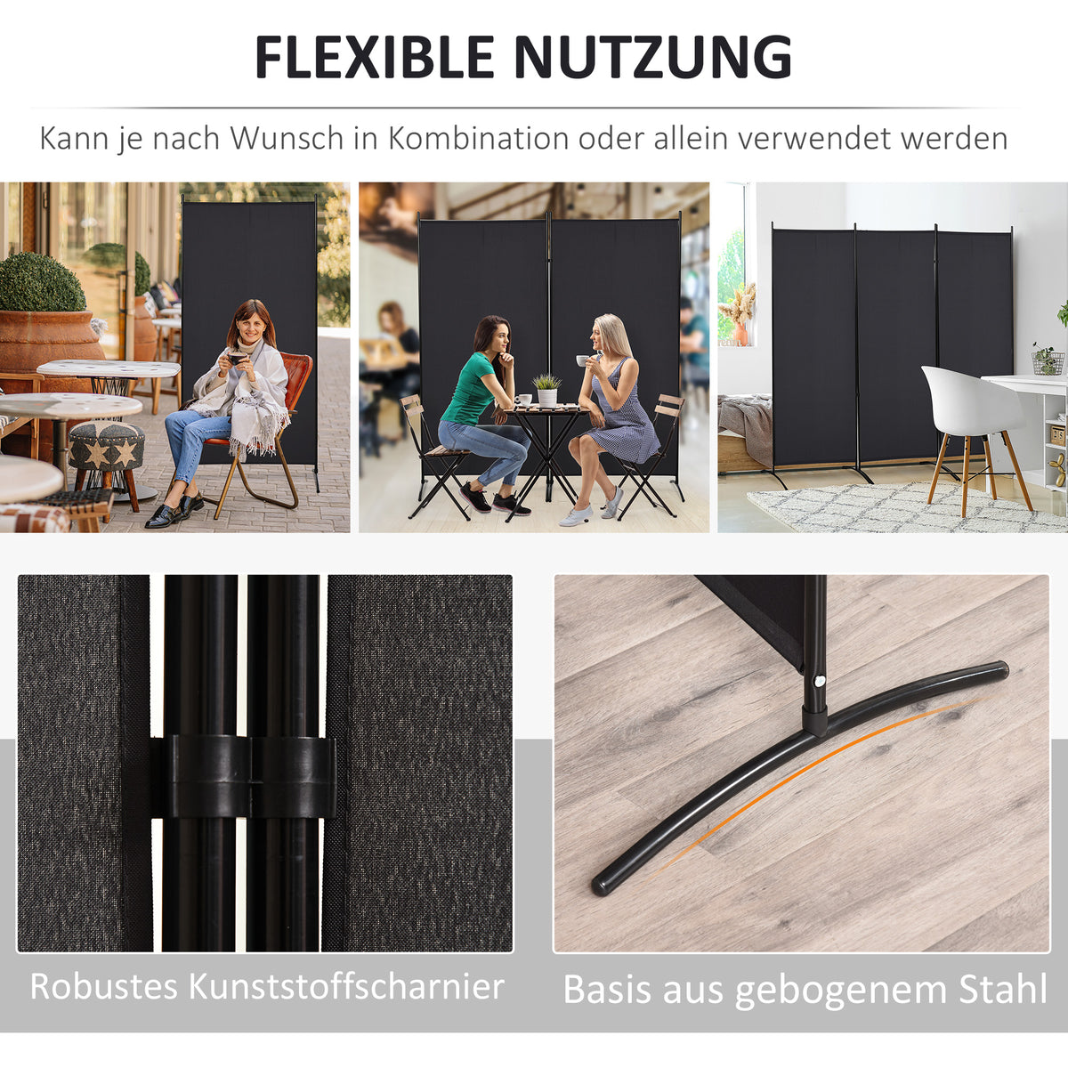 HOMCOM Raumteiler, 3-teiliger Sichtschutz, Raumtrenner mit Metallrahmen, Schwarz