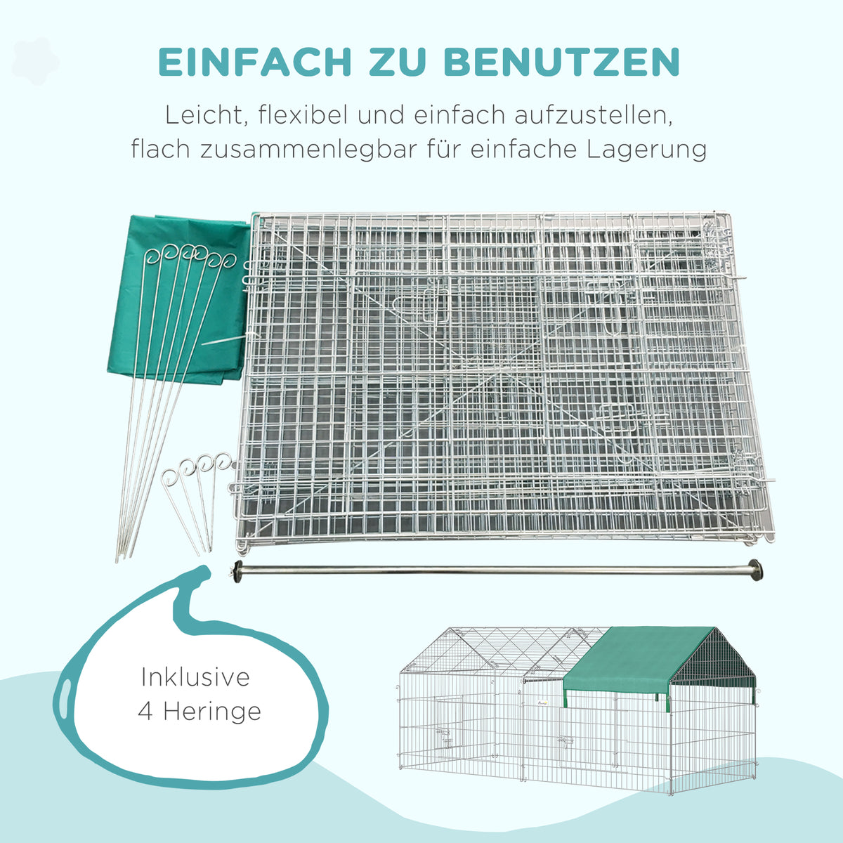 PawHut Laufgitter für Kleintiere, Außengehege, 4 Bodenspieße, 220 cm x 103 cm x 103 cm, Schwarz + Grün