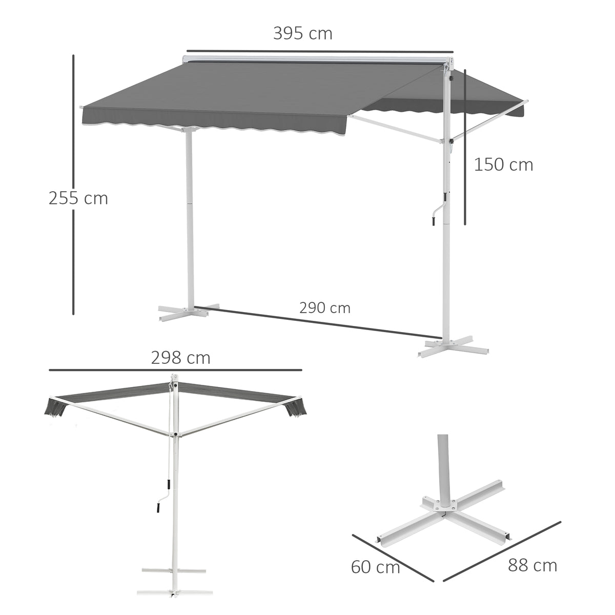 Outsunny Freistehende Markise, neigungsverstellbar, Handkurbel, Metallgestell, wetterfest, 4x3m, Grau