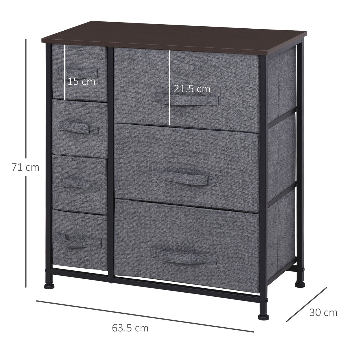 HOMCOM Kommode mit 7 faltbaren Stoffschubladen, Vlies, Metallgestell, 63,5 x 30 x 71 cm, Dunkelgrau